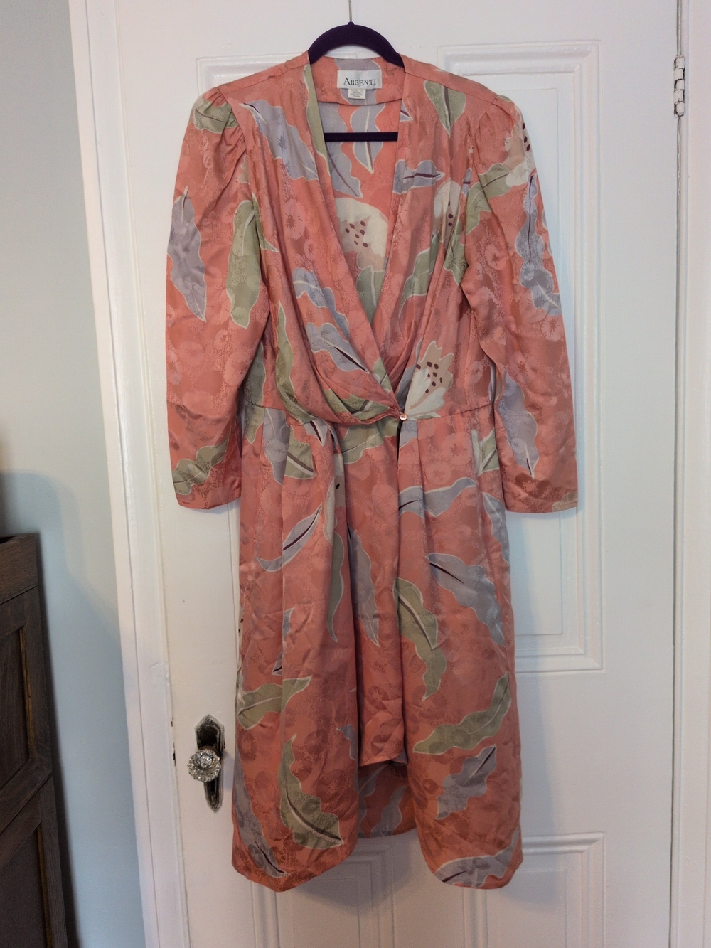 Vintage Argenti Coral-Peach Floral Long Sleeve Wrap Dress